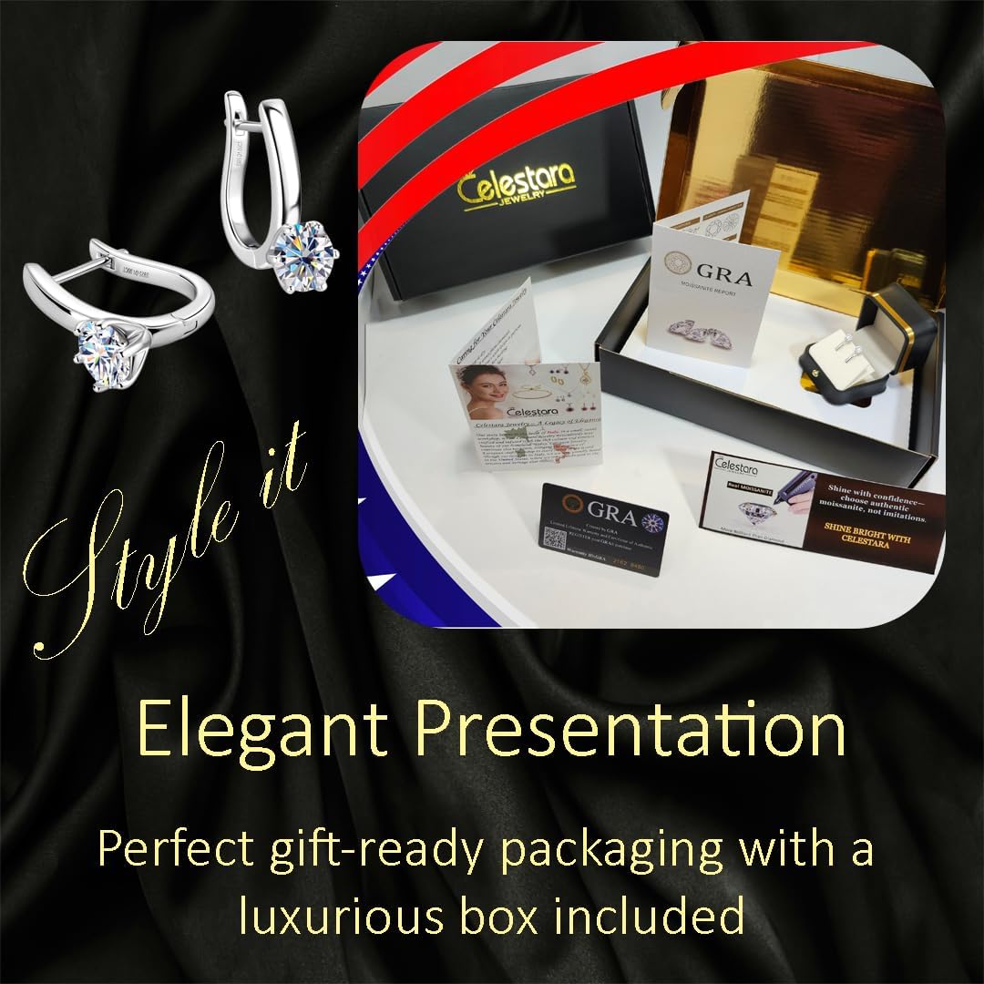 925 Sterling Silver U-Shaped Clip Earrings - Moissanite Diamond - Sparkling European Design - 1/4 inch, 1.0 Carat Classic Cuff - Gift Box Included