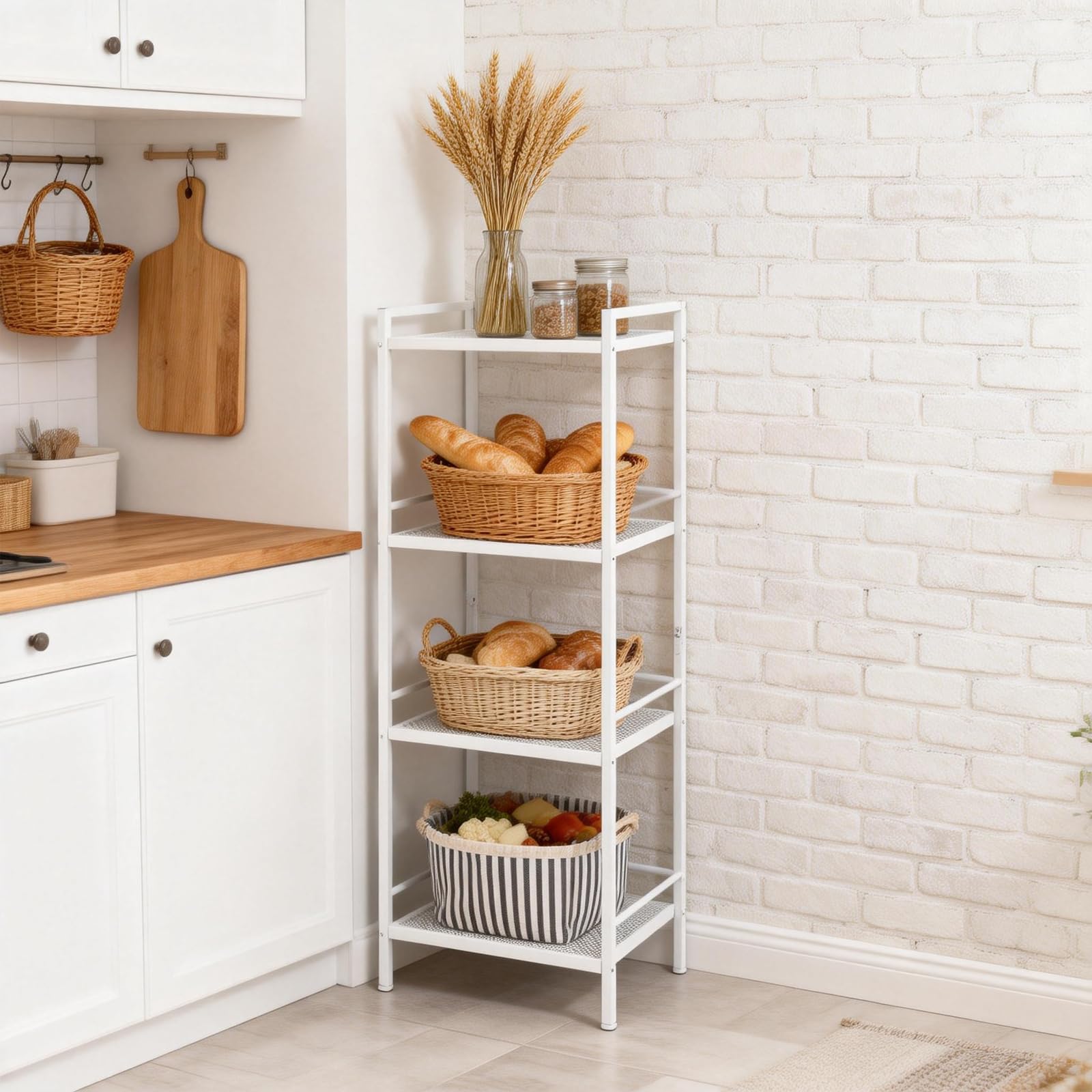 GarveeMore Metal Ladder Shelf, 4 Tier Freestanding Storage Rack-White Rust-Resistant Carbon Steel Ladder Shelf with 4 Tiers. Space-Saving Rack for Kitchen, Bathroom or Office. Easy Assembly.
