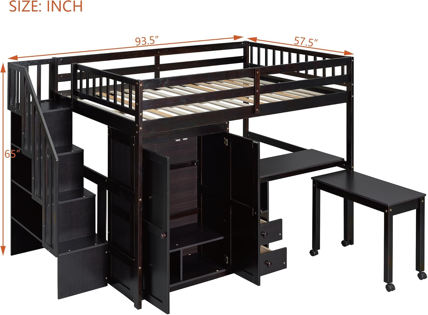 Detailed dimensions of the VilroCaz Multi-Function Full Size Loft Bed: 93.5 inches length, 57.5 inches width, 65 inches height.