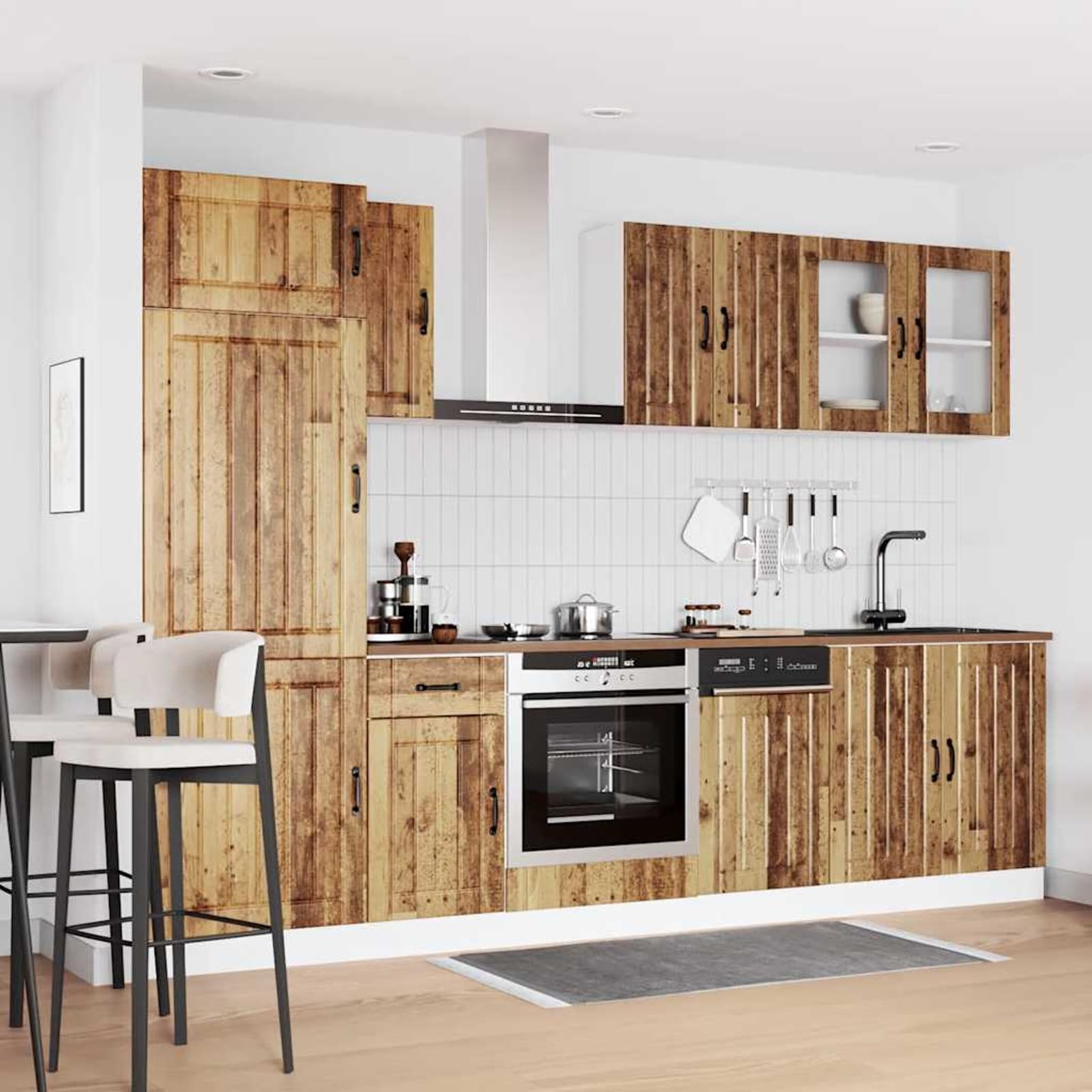 ATOMSTACK MAKER Set di 8 mobili da cucina Kalmar effetto legno anticato – legno e vetro, piedini regolabili, per cucina da incasso (lavello, forno, pensili + copertura lavastoviglie)
