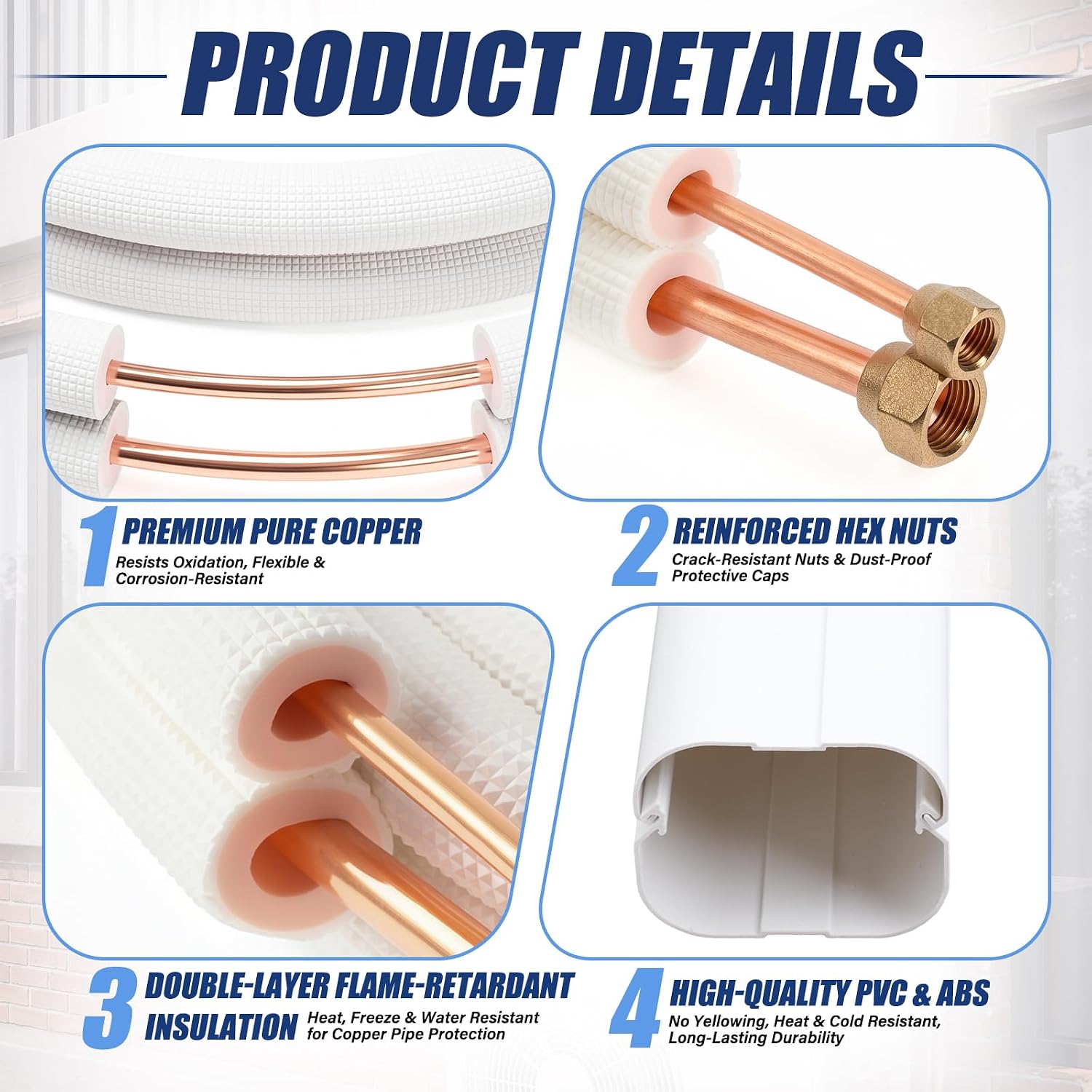 Complete DIY Mini Split Installation Kit 3" 13 ft Mini Split Decorative Line Cover System 15 ft 1/4" and 3/8" O. D. Copper Pipes Tubing with Nut Installation Kit for 9000 to 12000 Btu Air Conditioning