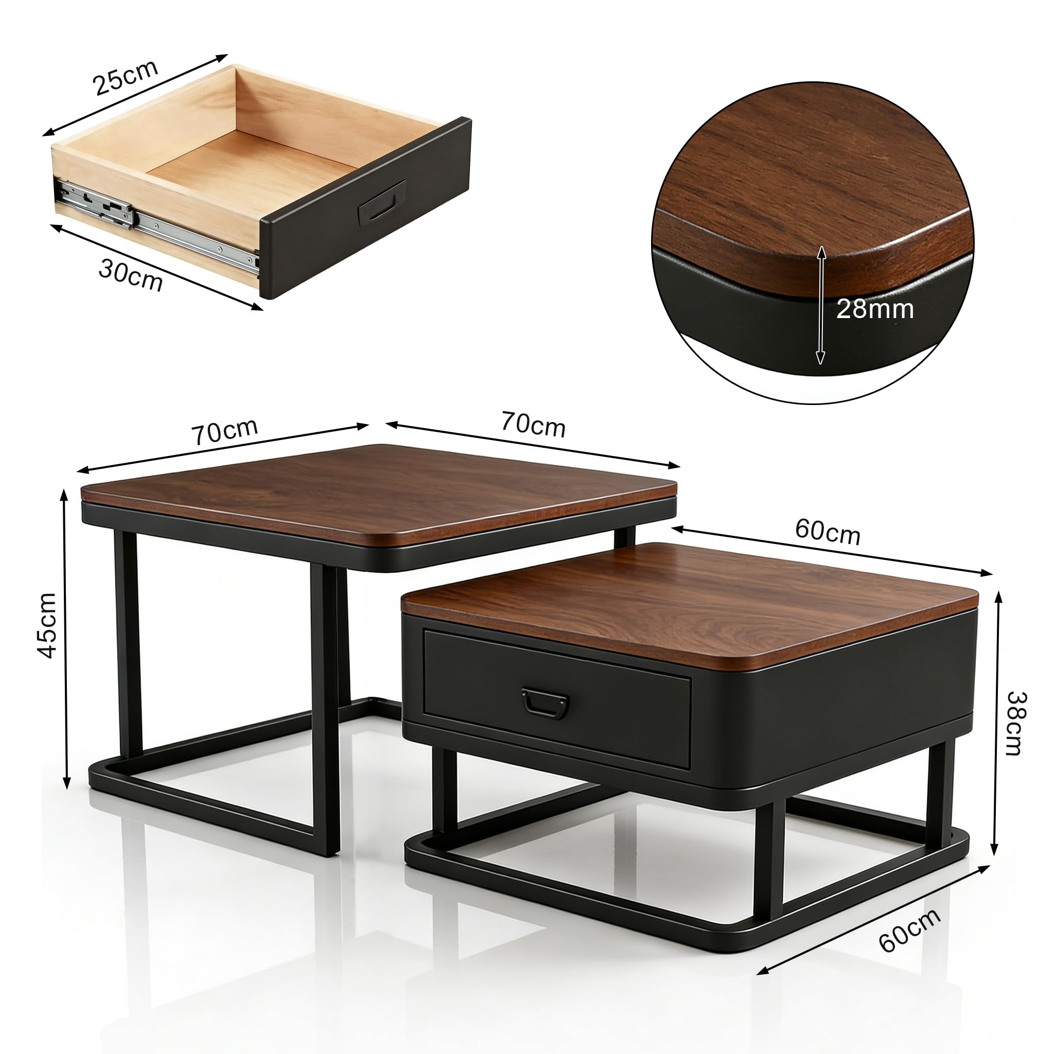 Générique Lot de 2 Tables Basses, Moderne Table Basse Salon Extensible, Noyer Coffee Table with Storage, Metal Frame, pour Salon, Chambre à Coucher, Noyer