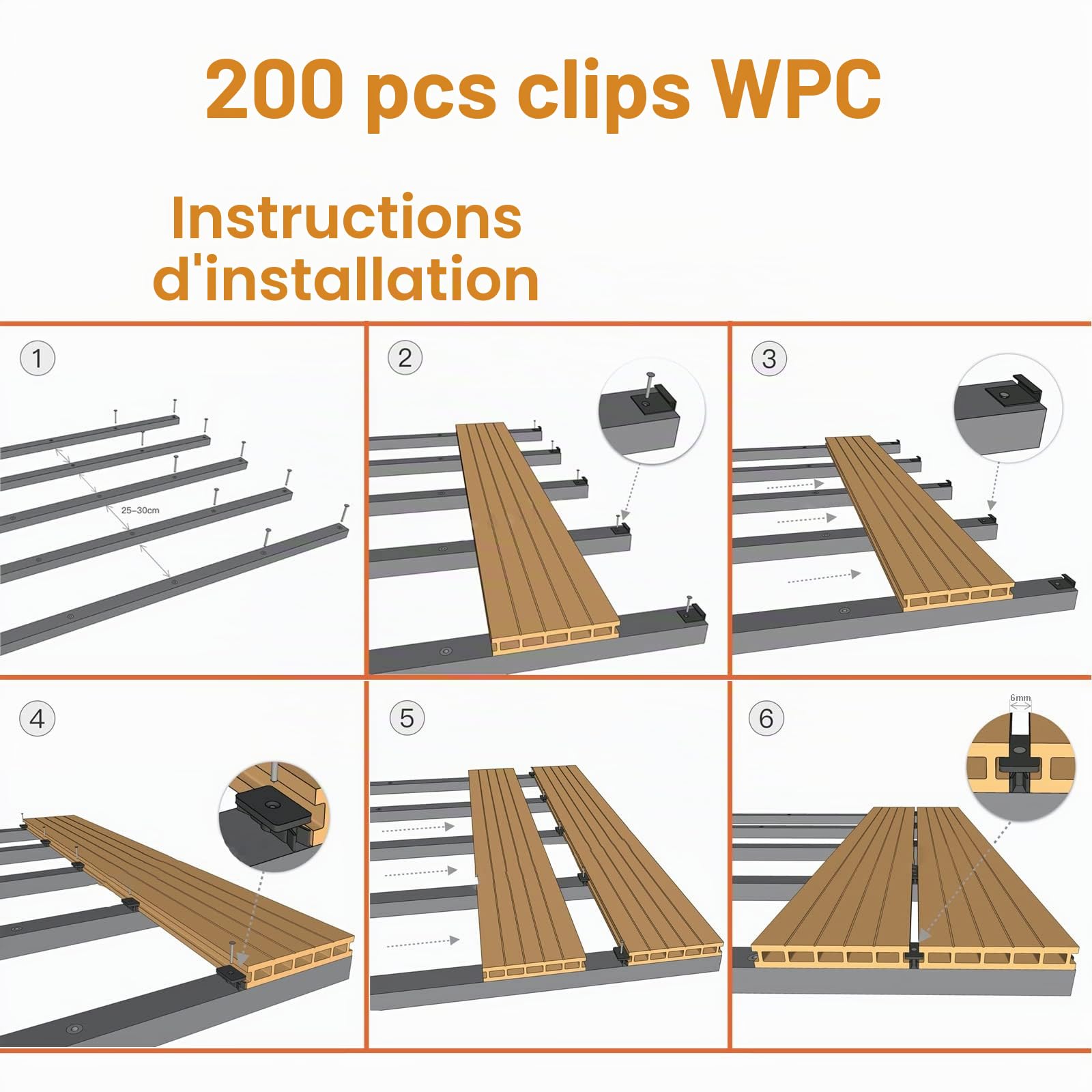 Lot de 200 clips WPC de 6 mm pour terrasse en plastique WPC/BPC, fixation cachée avec clip en T + vis (noir)