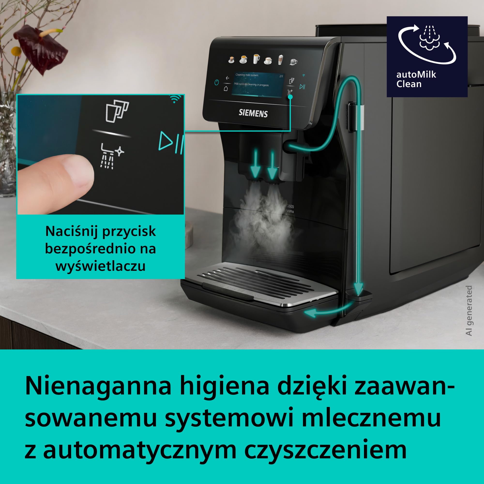 Siemens EQ600 iAroma, automatyczny ekspres do kawy z młynkiem i ekranem dotykowym, do kaw i napojów mlecznych do 480 ml, czarny, TP601E09