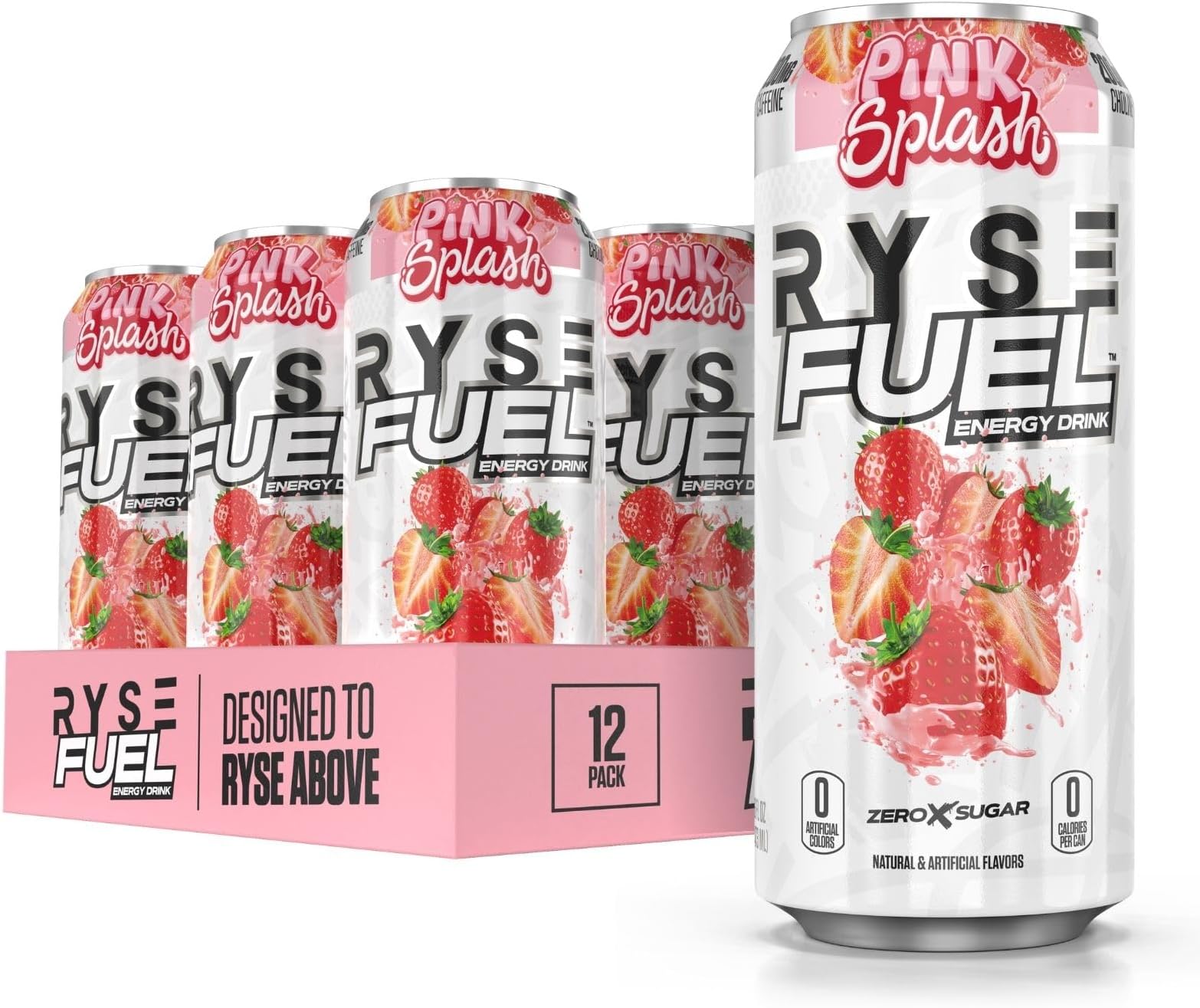 RYSE Fuel Energy Drink - Pink Splash - Sugar Free, Gluten Free & Vegan - 200mg Natural Caffeine, Taurine & Choline for Focus & Energy - No Artificial Colors - 16 fl oz Cans (12-Pack)
