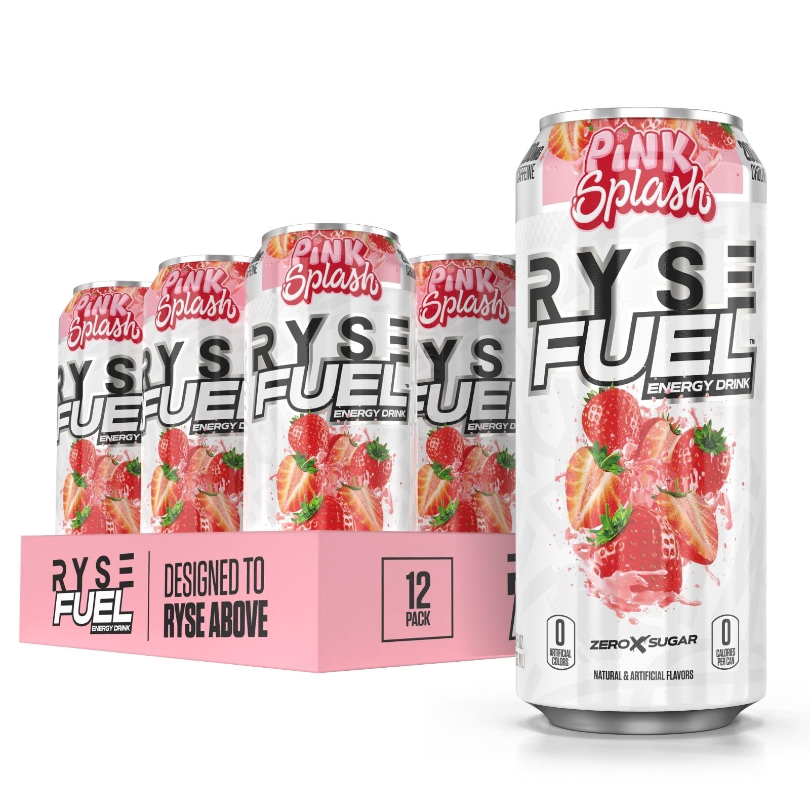RYSE Fuel Energy Drink - Pink Splash - Sugar Free, Gluten Free & Vegan - 200mg Natural Caffeine, Taurine & Choline for Focus & Energy - No Artificial Colors - 16 fl oz Cans (12-Pack)