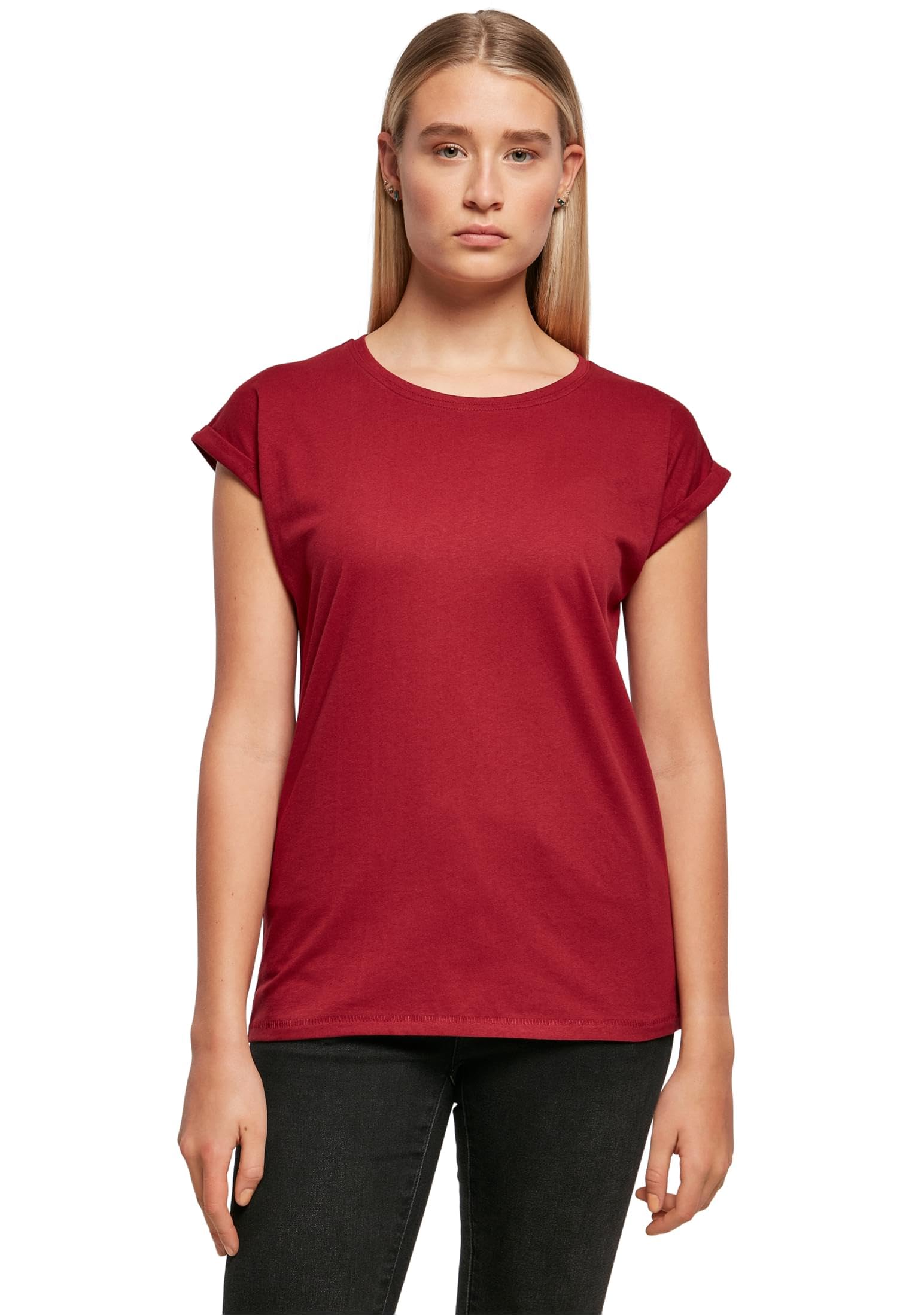 Build Your Brand Women's Extended Shoulder Tee, Burgundy, XS