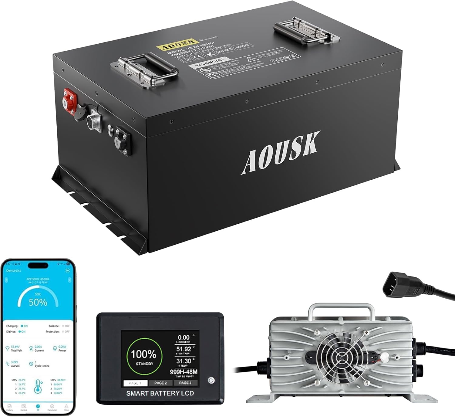 48V 160Ah Lithium Battery, MAX 10.24 kW Built-in 200A BMS with Touch Monitor & Mobile APP, 4000+ Cycles Rechargeable LiFePO4 Battery, Perfect for Golf Carts