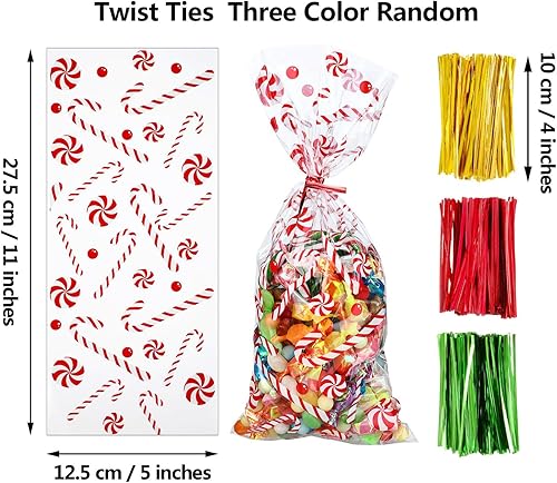 Miniatura 2 de Boao 100 bolsas de celofán, bonitas bolsas de golosinas transparentes con 150 lazos giratorios para suministros de fiesta (estilo navideño 11)