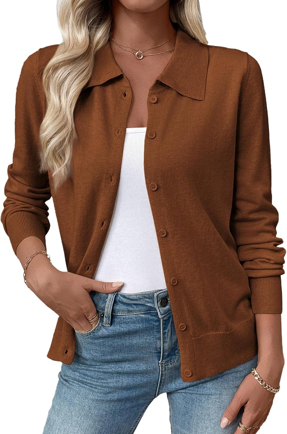 EVALESS Cardigan Sweaters for Women Wool Blend Lightweight Trendy Long Sleeve Lapel Collar Button Down Sweater Cardigans