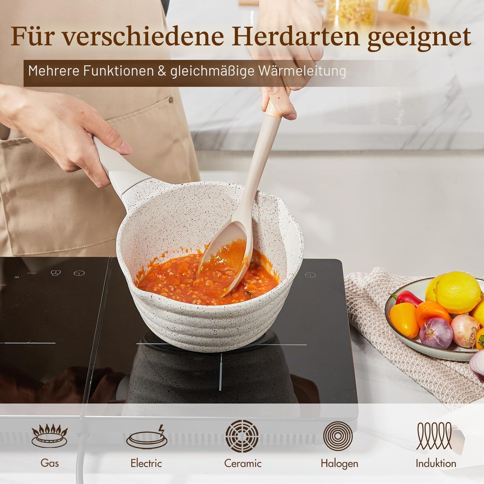 ROSSETTO Kasserollen Set 16cm + 20cm Induktion Töpfe Klein Stielkasserollen Kleiner Kochtopf Stieltopf mit Ausguss, PFAS frei Keramikbeschichtung antihaftbeschichtet 1,2L + 2,5 L