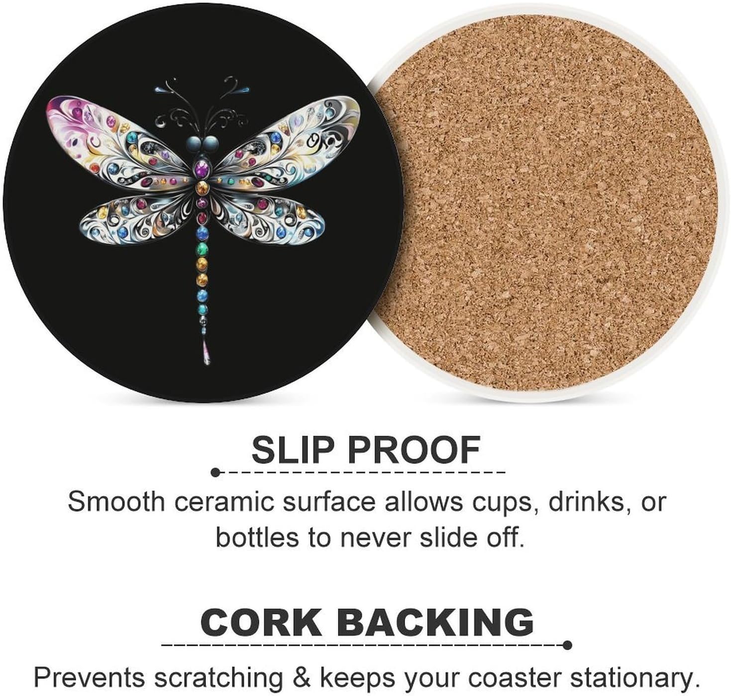 Dragonfly Coasters for Drink Round Ceramic Coaster with Cork Base Home Decorative 4PCS