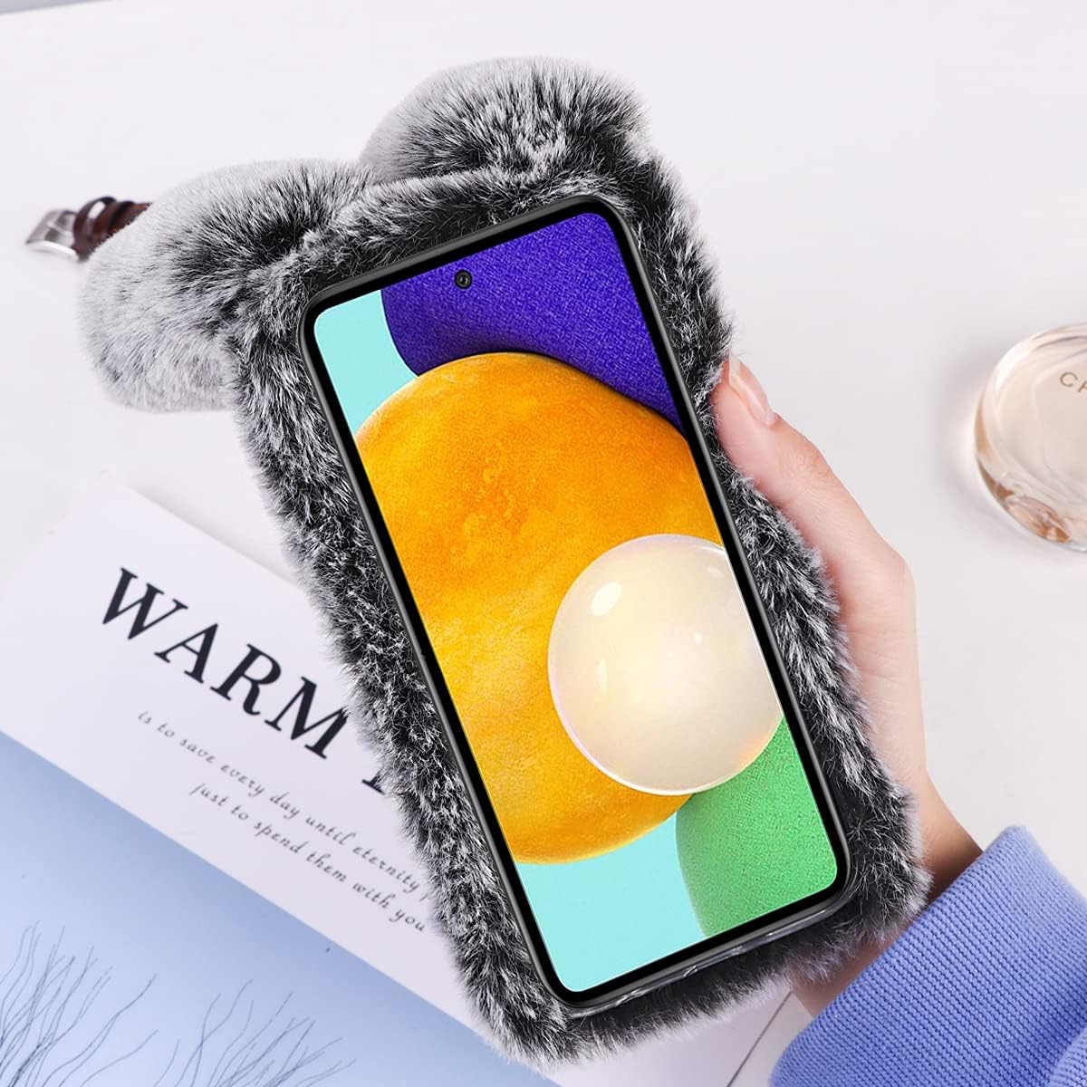 Mikikit Fluffy Plush Case for S21 5G Cute Bunny Furry Girly Fuzzy Protective Case Rabbit Hair Kawaii Toy Fun Women Phone Shell for S21 5G Dark Grey