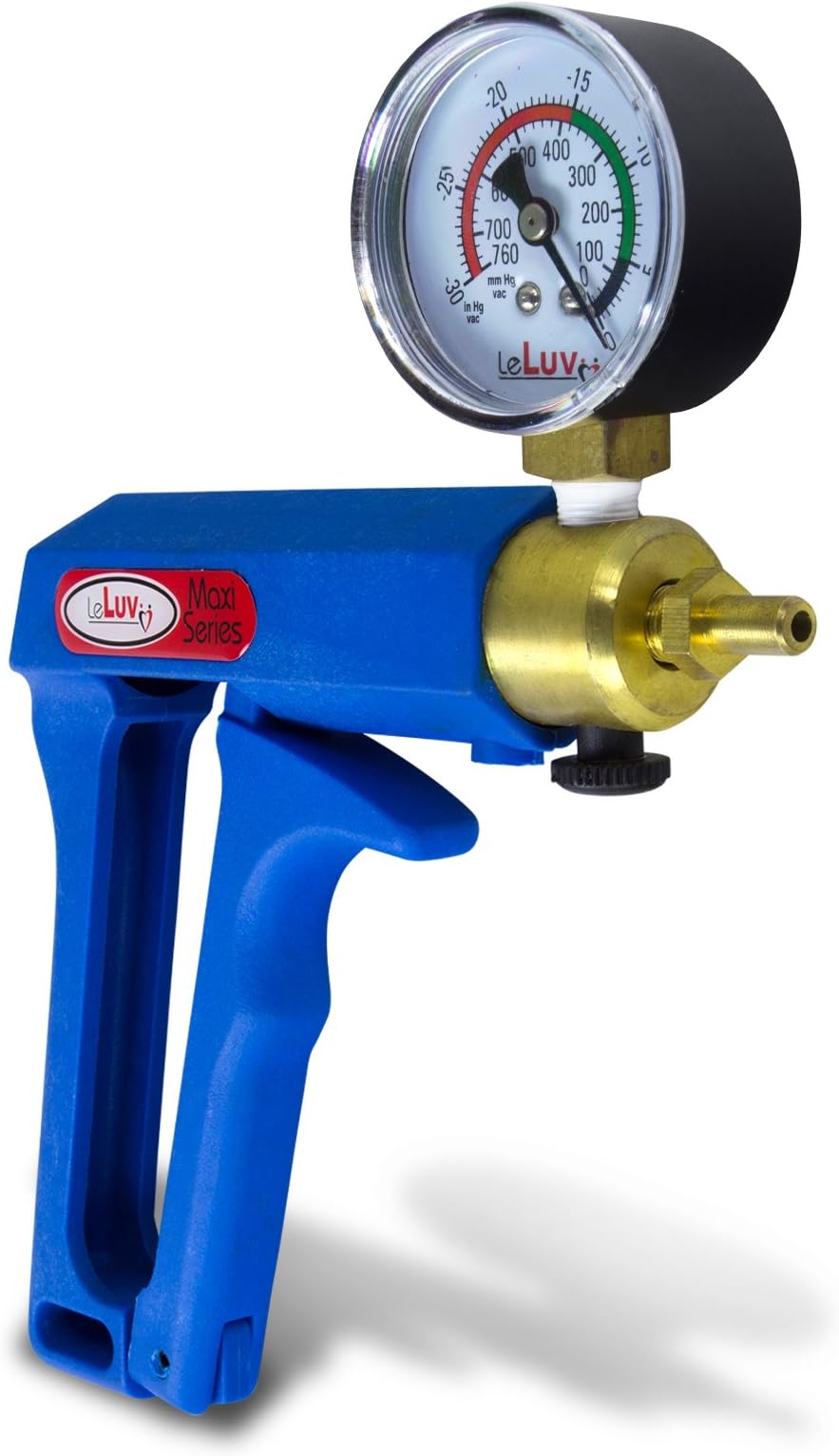 LeLuv Maxi Vacuum Pump - Manual Hand Tool, Ergonomic Nylon Handle with Release Valve and Installed Gauge - Aluminum Alloy & Brass Construction for Mechanical Work and Precise Vacuum Metering - Blue