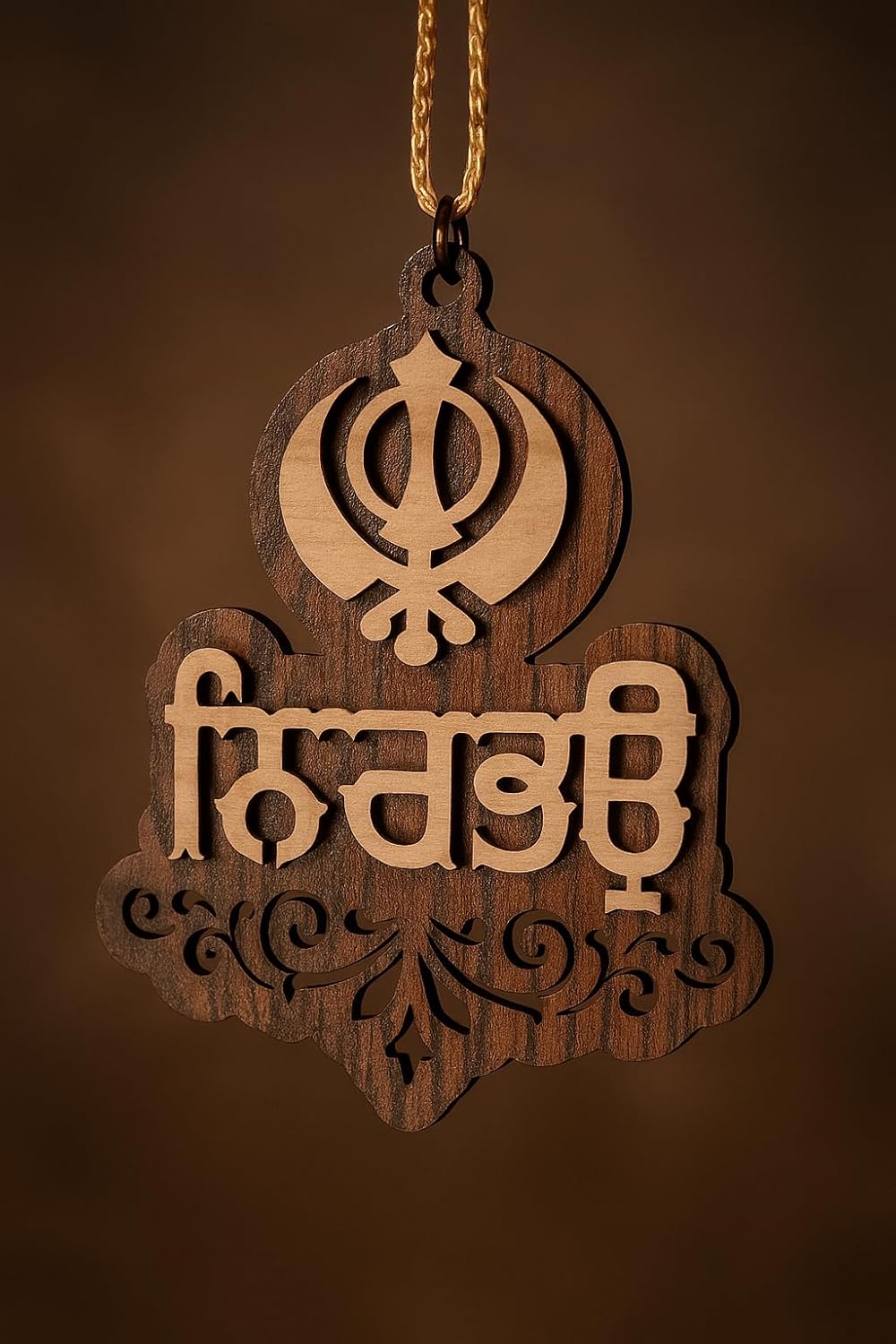 THESIKHCLUB – Khanda Nirbhau Nirvair Wooden Car Hanging | Sikh Rear View Mirror Pendant | Laser Cut Gurmukhi Car Decor | Handcrafted Religious Gift for Sikhs | Khanda Symbol Accessory