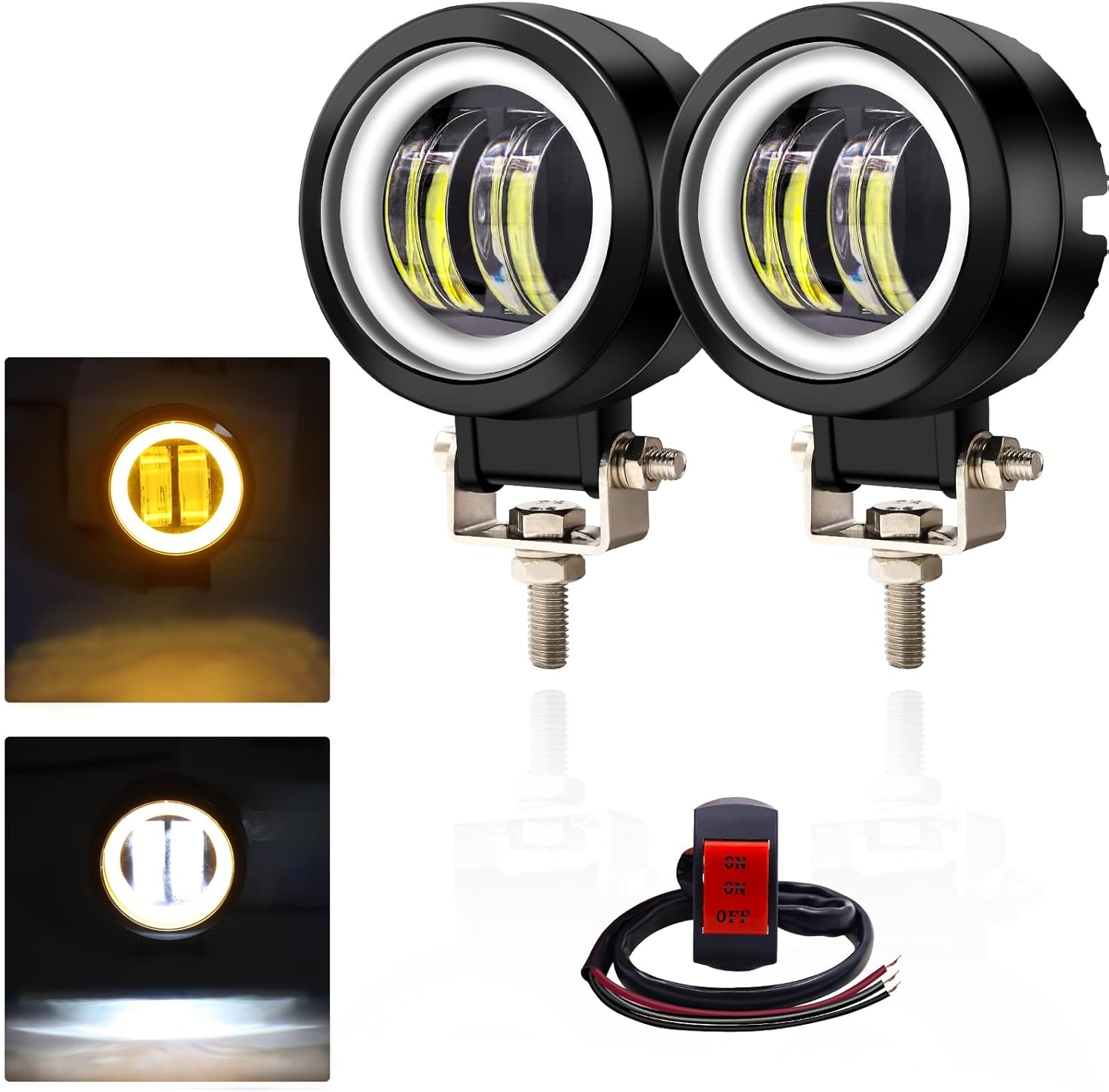 Motorcycle LED light Fog Light Motorcycle Driving Lights 20W lights 3inch Round Led Round LED Angel Eye Waterproof Fog Flood Light for Truck SUV UTV ATV（Yellow）