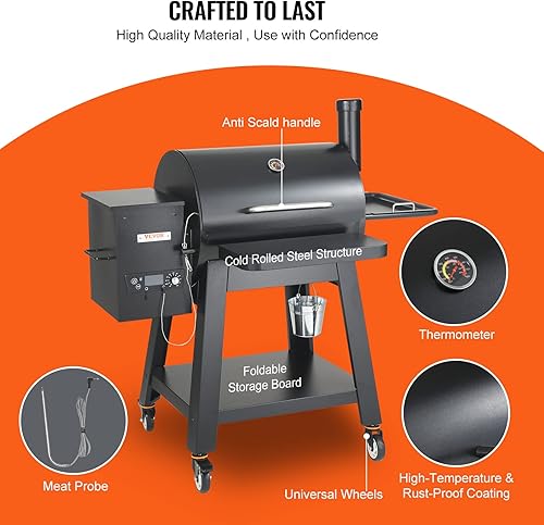 Miniatura 6 de VEVOR Parrilla ahumadora, parrilla portátil de pellets de madera con carro, parrilla de barbacoa 8 en 1 con control de temperatura PID para cocinar