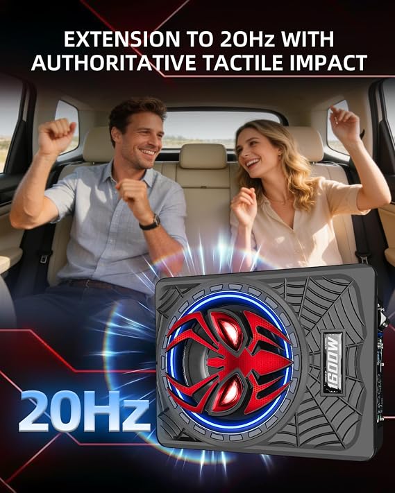 1600W Slim Under seat Car Subwoofer and Amp Package, Powered Subwoofer with Built-in Class D Amplifier, Cast Aluminum Body, LED Ambient Light Switch, Deep Bass Subwoofer for Car, Truck, SUV