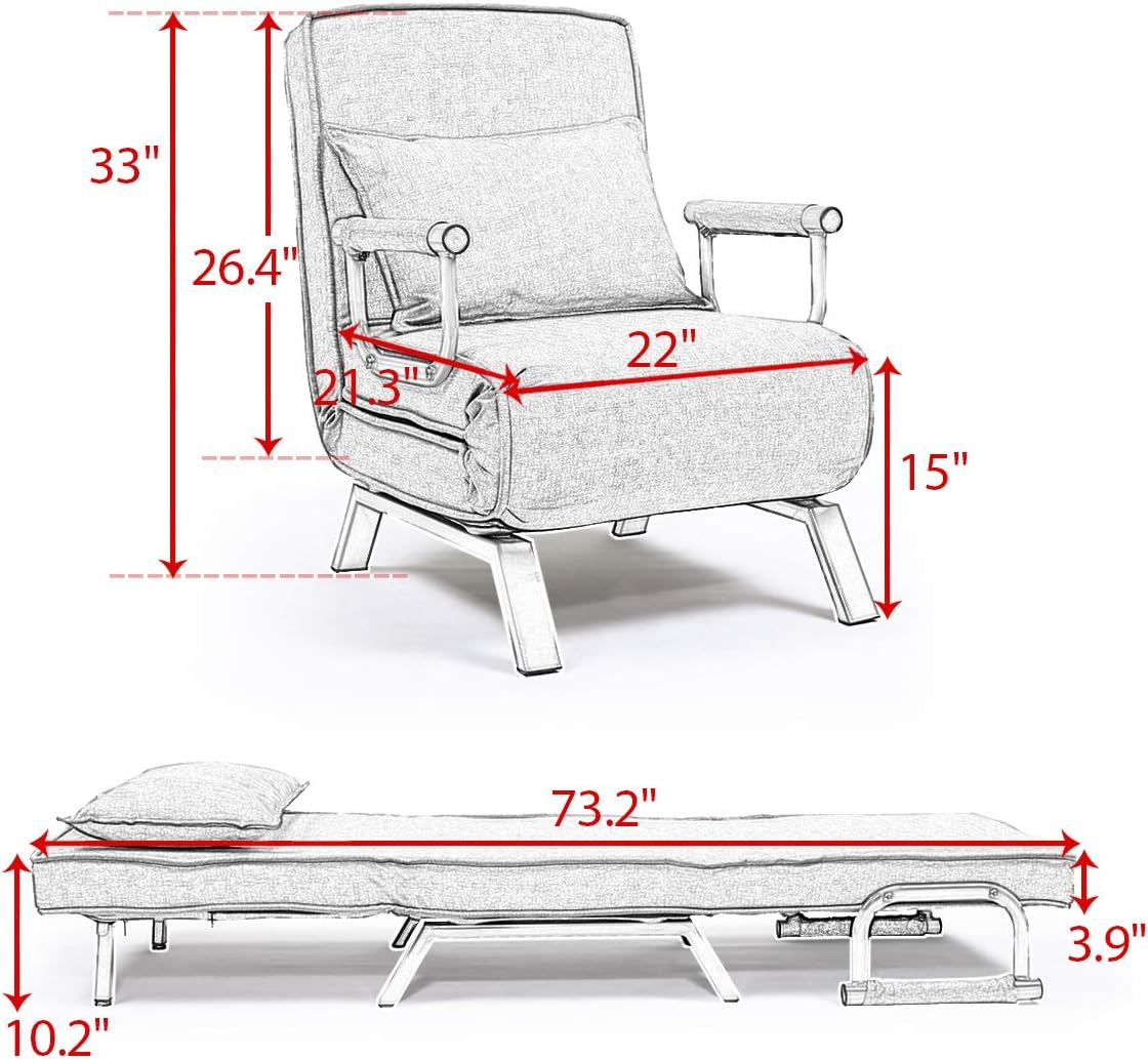 JAXPETY Sofa Bed Folding Arm Chair Single Sleeper Bed Chair, Leisure Recliner Lounge Couch w/Pillow and 5 Position Adjustable Backrest for Home Office, Gray