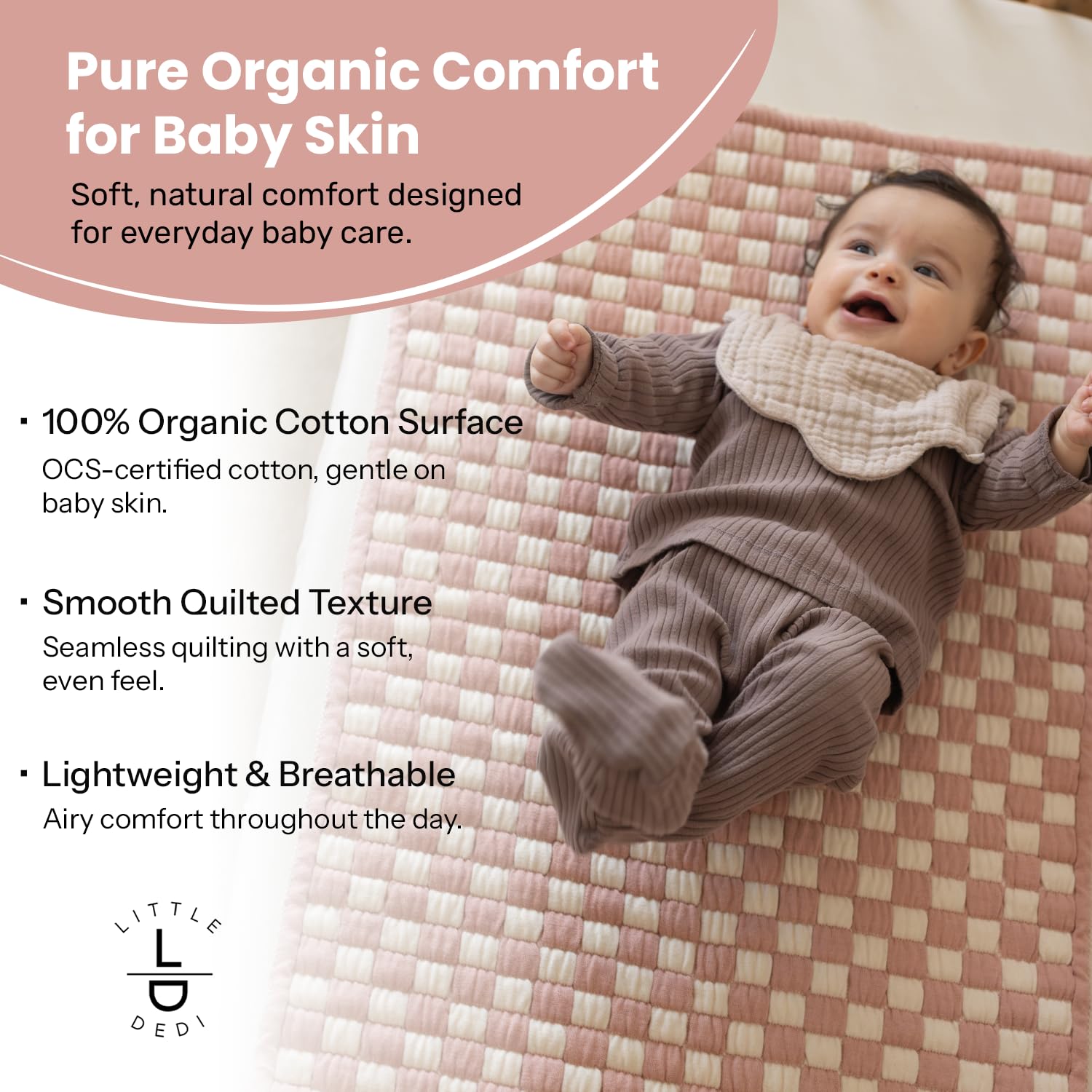 Organic Cotton Changing Mat 20x33 Inch – OCS Certified Quilted Diaper Pad – Soft, Seamless, Reversible, Washable Portable Travel Mat – Checker Design Rose Beige