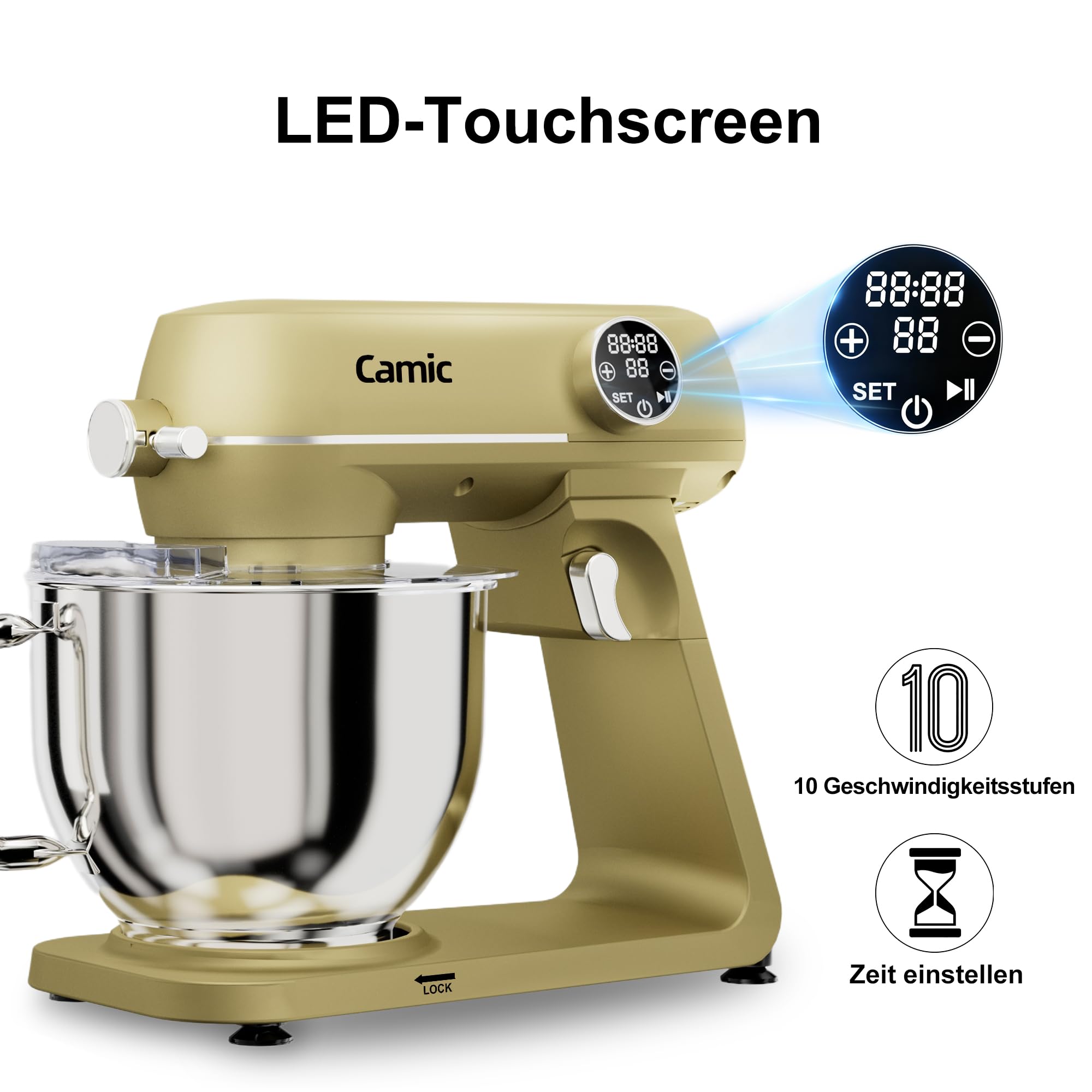Camic Küchenmaschine 1800W, 8L Knetmaschine aus Vollmetall mit 10 Stufen, digitaler Touchscreen, Timer, Teigmaschine mit Schneebesen, Knethaken und Rührbesen zum Backen von Kuchen, Keksen und Brot