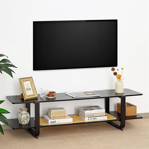 Soporte de TV de bambú para televisores de hasta 65 pulgadas, centro de entretenimiento con almacenamiento, mesa consola multimedia con estante,