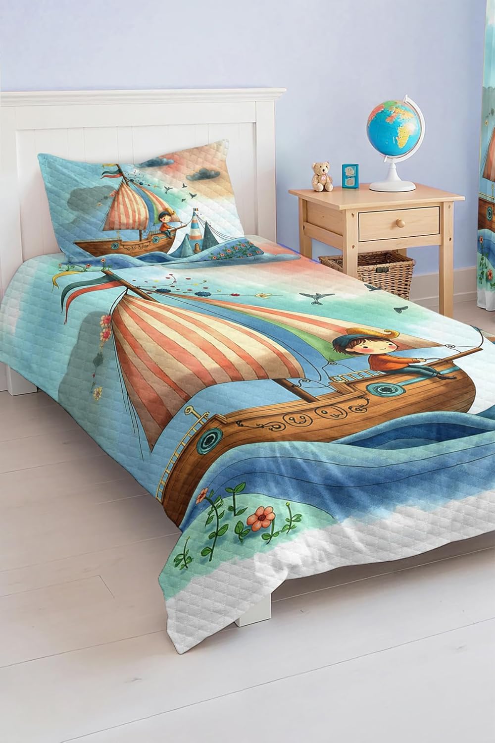 SODEF Bedding Set Sailboat and Cloud Pattern Kids and Teens Room Quilt Set Bedspread, 2 Piece Cotton Polyester Blend - Blue, One Size