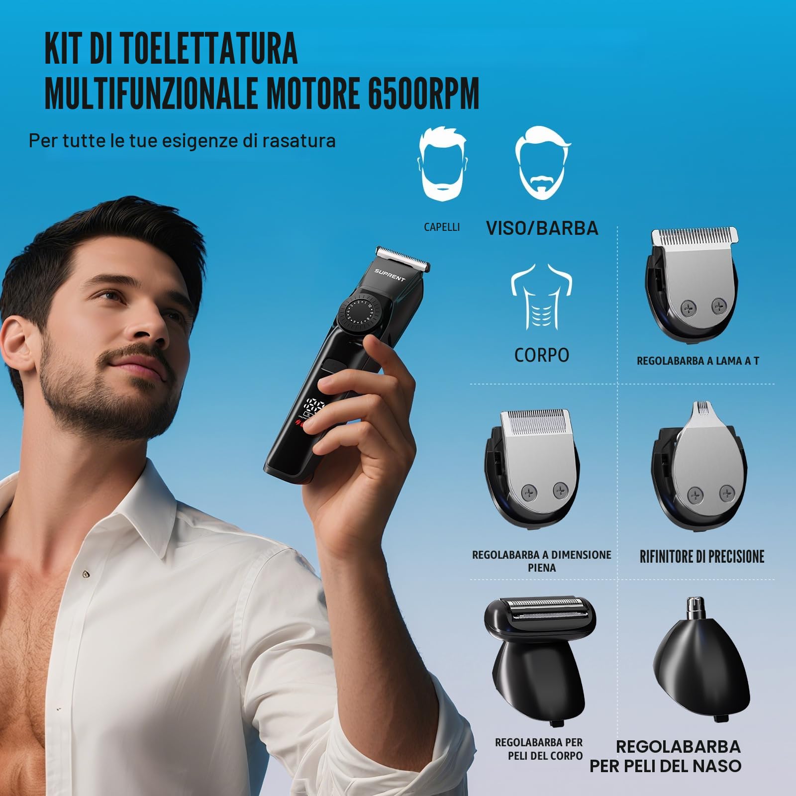 SUPRENT Regolabarba Uomo Professionale IPX7 Impermeabile Rasoio Elettrico Barba e Capelli
