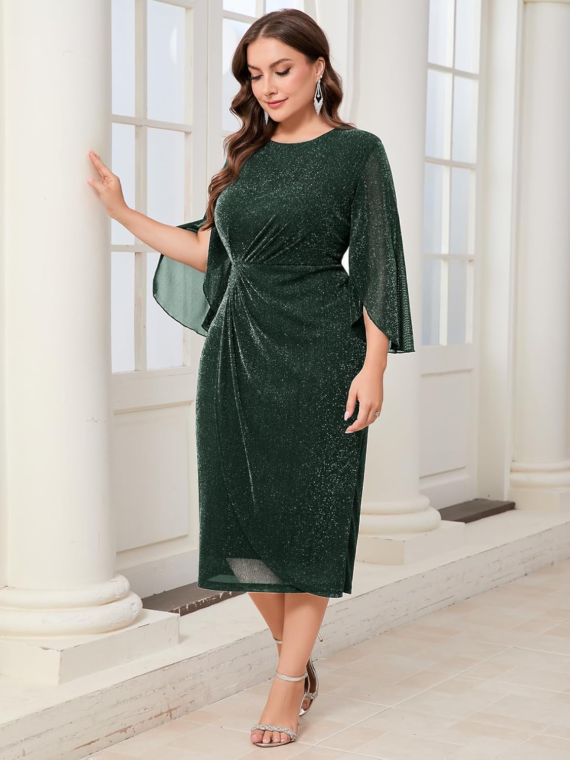 ZOMVA Womens Plus Size Mesh Cocktail Dress Petal 3/4 Sleeve Round Neck Wedding Guest Party Midi Dresses
