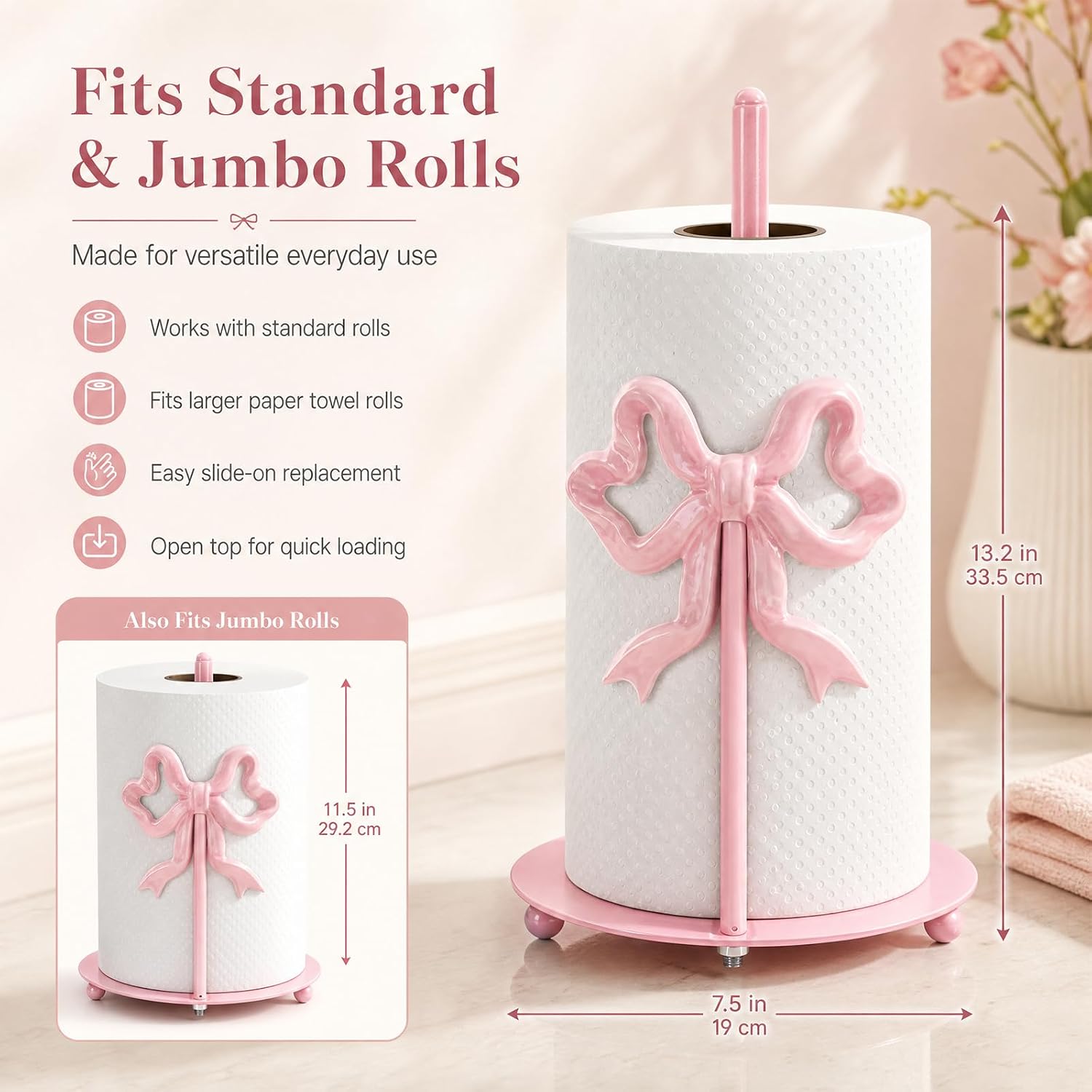 Whaline Pink Bow Paper Towel Holder Cute Coquette Large Metal Towel Holder Stand for Pink Kitchen Decor Home Bathroom Countertop Accessories Gift