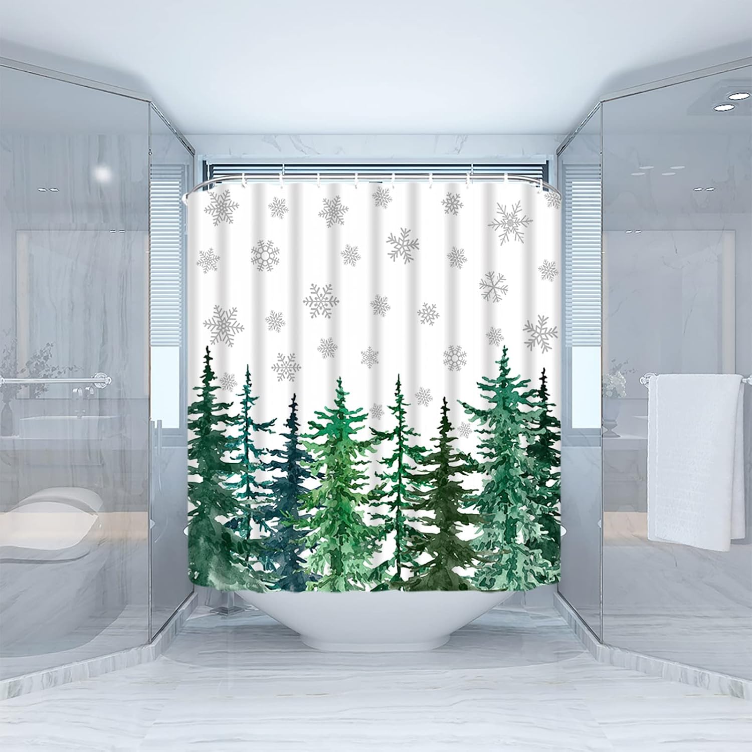 Winter Forest Shower Curtain Watercolor Christmas Tree Pine Snow Snowflake Merry Xmas Nature Spruce Landscape Rustic Outdoor Fabric Bathroom Decor Curtains with Hooks,Green Gray White