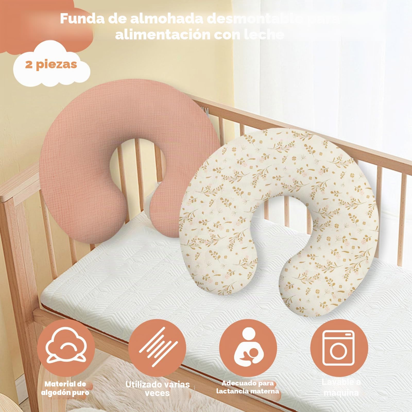 2 fundas de almohada de cuidado de algodón, con cremallera oculta, flexible, fácil de usar, suave para el cuidado del bebé (rosa)