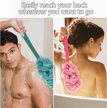 Evmliy Back Scrubber for Shower, Loofah Sponge Brush Exfoliating Body, Long Handle Scrub Brush for Shower with Loofah on a Stick for Back Use, Bathing Accessories Body Brushes (2Pack)