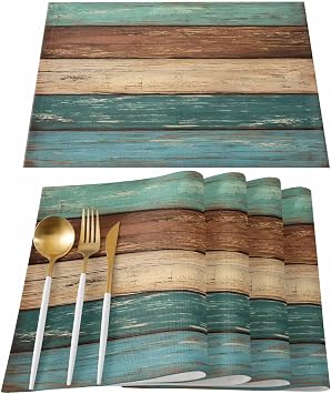 St. Patrick's Day Placemats Set of 4, Teal Green Brown Retro Rustic Wood Texture Cotton Line Heat Resistant Table Mats Washable Non-Slip Mats Decor For Kitchen Dining Spring Holiday Party(18x12 inch)