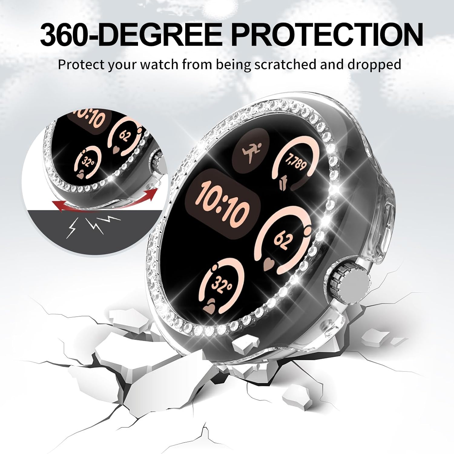 2 Pack for Google Pixel Watch 3 45mm Screen Protector Case [Full Coverage], Crystal Diamond Bling Case Hard PC Bumper All-Around Protective Accessories Built-in Tempered Glass Film