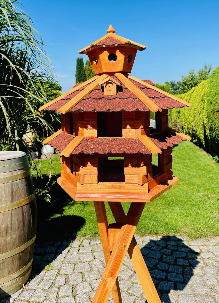 Vogelvilla wetterfest von L bis XXL Futterhaus Vogelhaus mit oder ohne Ständer in Braun mit Rot, Grün oder Blau für Garten und Balkon (Größe XXL mit Ständer, Rot - Braun)