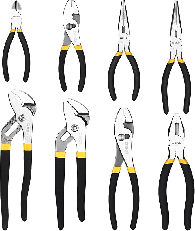 DEKOPRO 8-Piece Pliers Set, 8" & 10" Water Pump Plier, 6" & 8" Slip Joint, 8" Linesman, 6" Diagonal, 6" & 8" Long Nose Pliers with Storage Bag for Home Repair, Workshop & DIY Professional Use