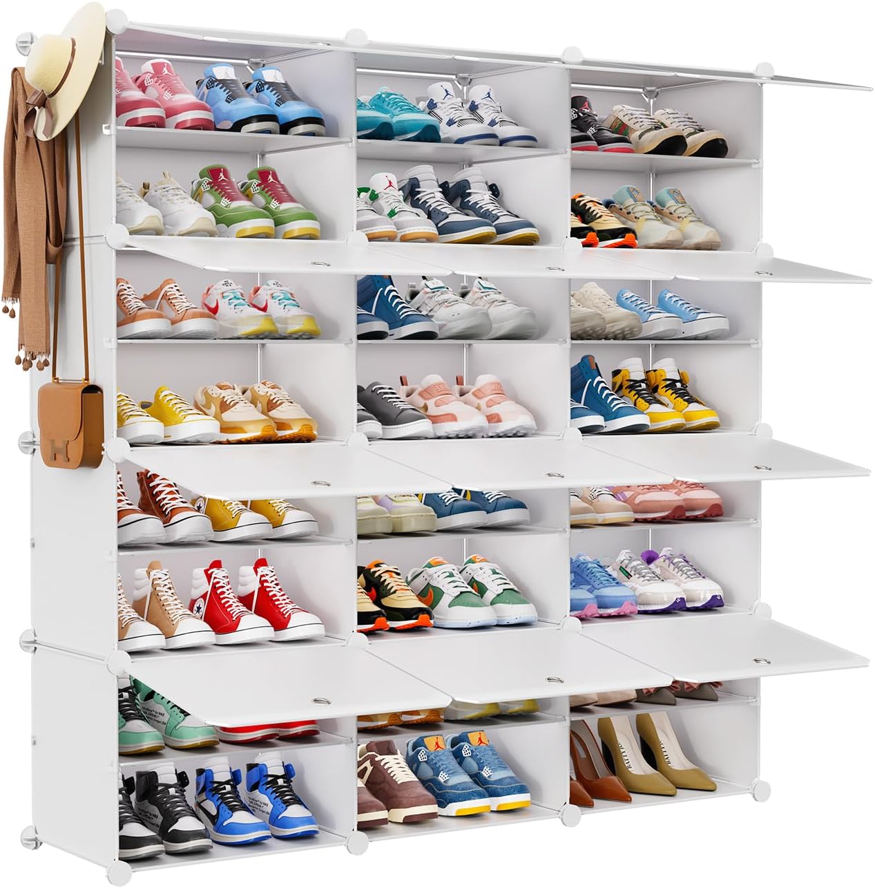 Simple Trending 8 Tier Shoe Storage 48 Pairs Shoe Rack with Door, Space Saving Shoe Cabinet with Hooks, Covers, White