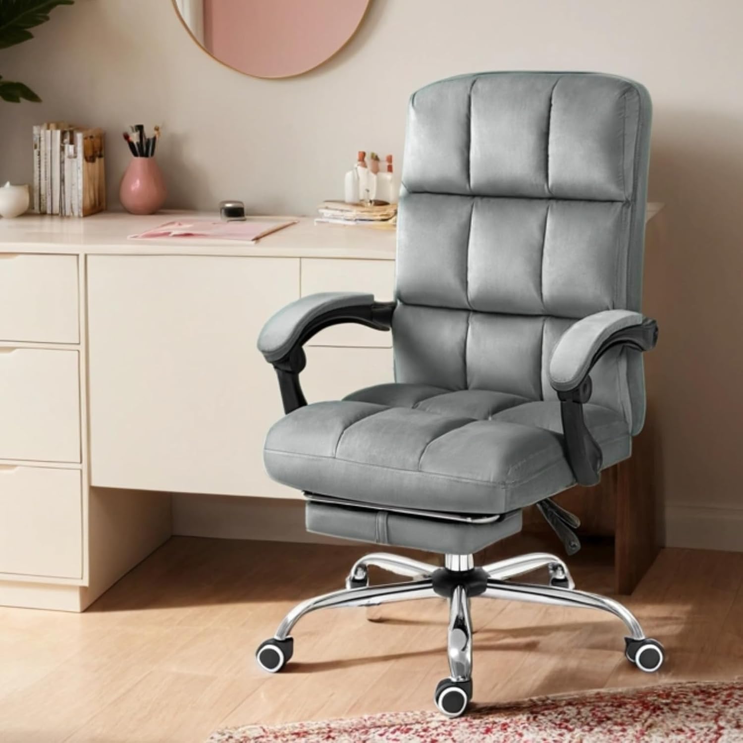 ECOTOUGE Velvet Executive Office Chair with Footrest, Ergonomic Comfy Desk Chair, High Back Computer Chair with Adjustable Tilt Angle, Grey