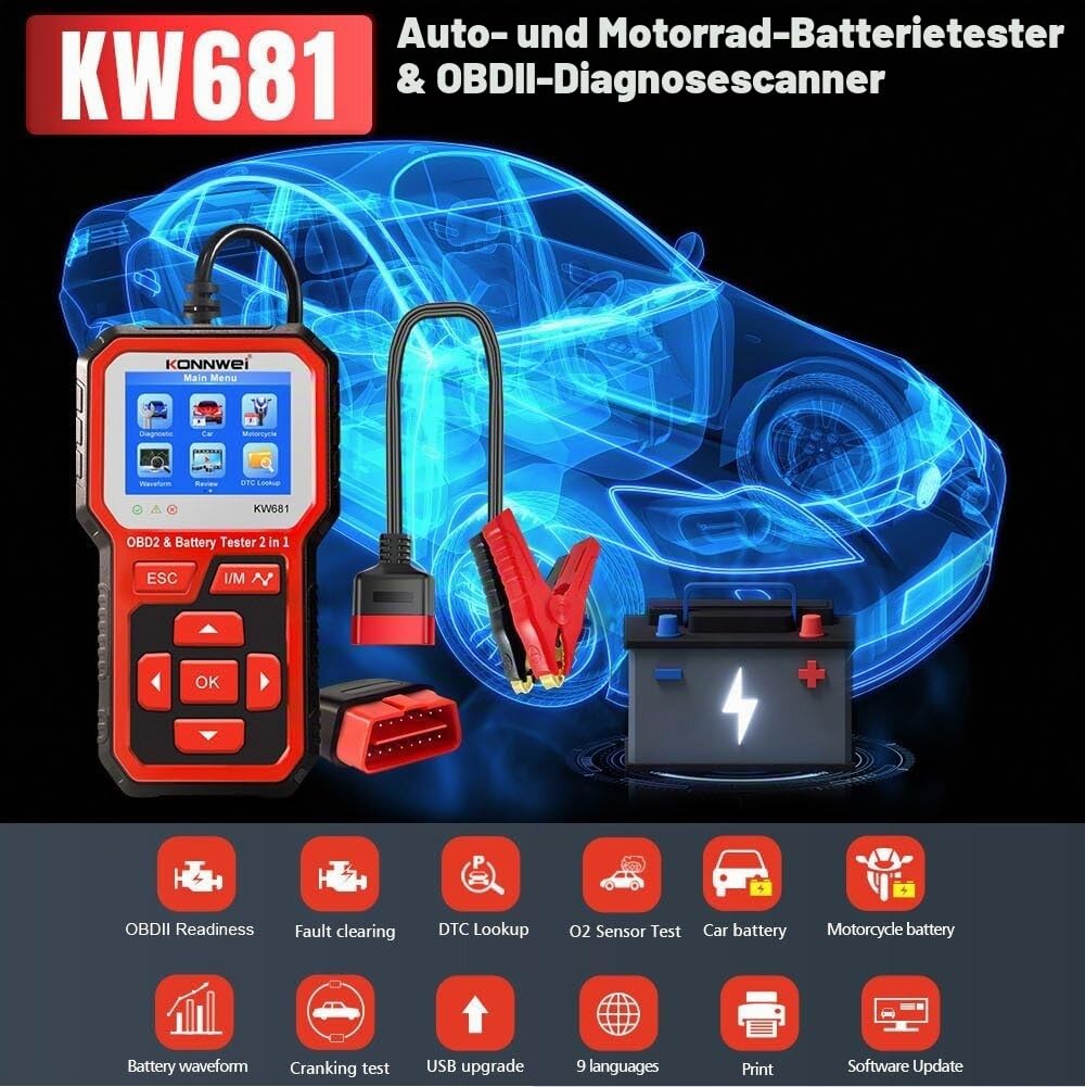 KONNWEI KW681 OBD2 Diagnosegerät & 6V/12V Batterietester, 2-in-1 OBD2 Scanner mit Live-Daten, Fehlercode Auslesegerät, Motorprüfer, Auto-Diagnosetool für BMW VW Audi Benz SUV Alle OBDII Fahrzeugen