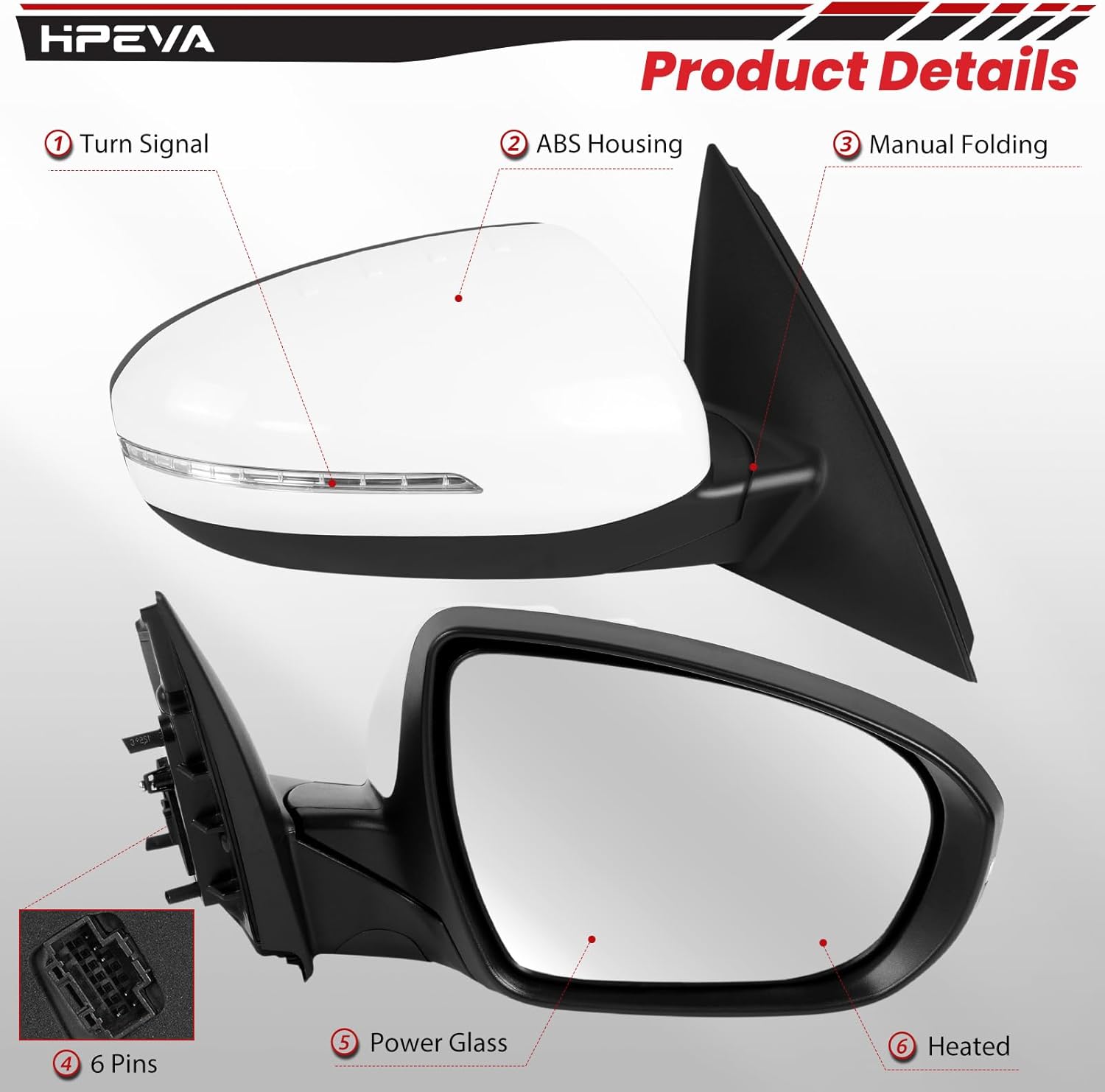 2014 2015 Right Passenger Rear Door Mirror Compatible with Kia Optima EX/LX/SX/SXL View Mirror with Manual Folding/Power Adjustment/Signal Light System/HD Glass,Replace KI1321175(White,6pins)