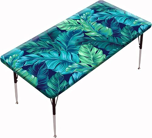 Manteles ajustables hawaianos rectangulares, con borde elástico de hoja de palma verde, decoración del hogar, mantel de poliéster, tela a prueba de