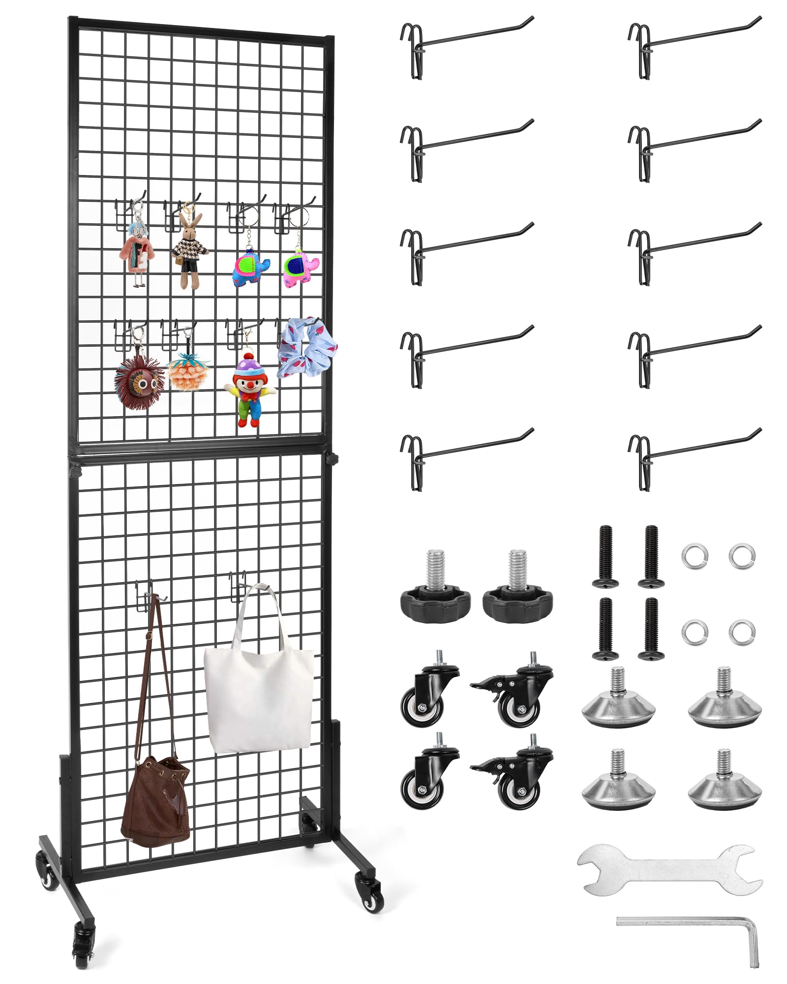 BEAMNOVA Grid Wall Panels 2' x 6' Ft Wire Grid Panel with Wheels Grid Panels for Display with T-Base Floorstanding,Metal Grid Wall Panel with 10 Hooks for Craft Shows,Retail Display,Trade Show