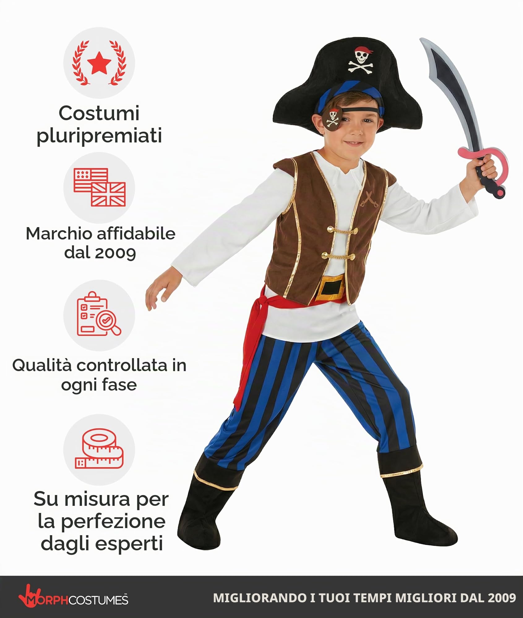 Morph Costume Pirata Bambino, Costume Halloween Bambino | Camicia con Gilet, Pantaloni, Cappello & Spada, Da Infilare, Perfetto per Halloween, Ideale per il Gioco di Ruolo