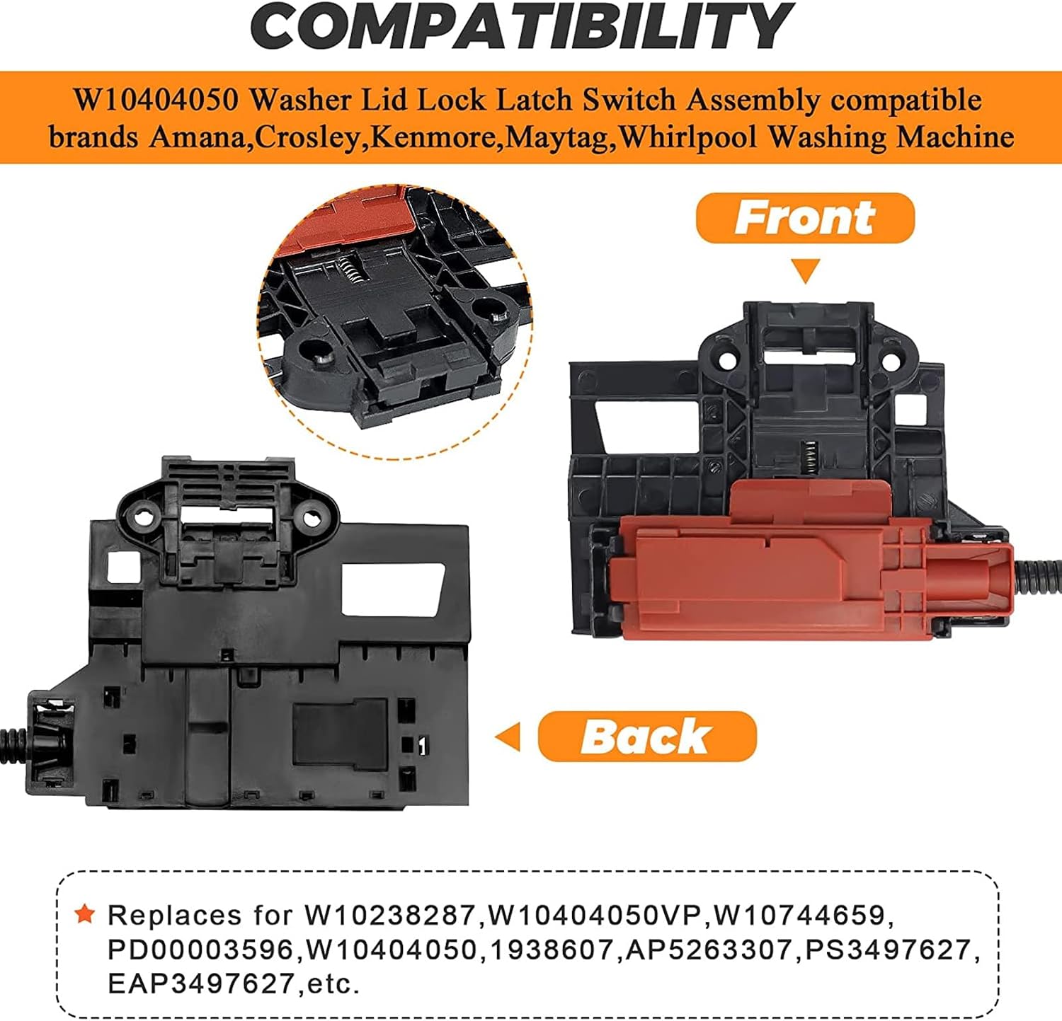 Washer Lid Lock Switch Assembly Lid Lock Washing Machine Part Appliance Accessories W10240513 W10238287 W10404050 Plastic