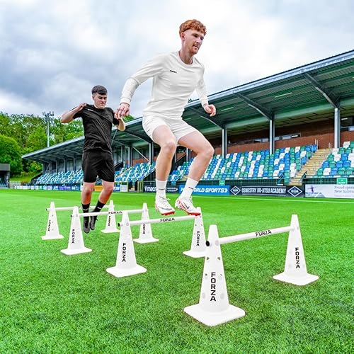 FORZA 20in Training Cones | Adjustable Hurdle System for Customizable Drills | Available in 4 Fluorescent Colors (with Agility Poles, White, Pack of 8)