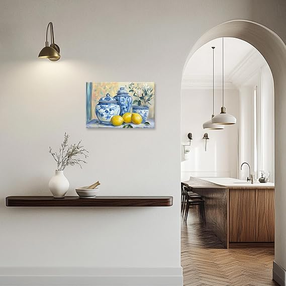 YMXZHUANSH Lemon Canvas Wall Art Kitchen Citrus Fruit Pictures Wall Decor Yellow Lemon Pottery Blue Classical Painting for Farmhouse Decor Frame(White 20.00 x 30.00)