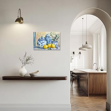 YMXZHUANSH Lemon Canvas Wall Art Kitchen Citrus Fruit Pictures Wall Decor Yellow Lemon Pottery Blue Classical Painting for Farmhouse Decor Frame(White 20.00 x 30.00)