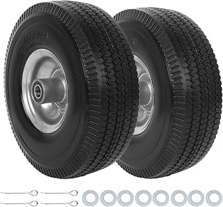 HAKULA MATATA 2 Pcs 10" Solid Flat Free Tires and Wheels, 4.10/3.50-4 Rubber Tire Replacement with Axle Bore Hole & Hub & Tortuous Pattern, Airless Wheel for Hand Truck/Trolley/Garden Cart/Wheelbarrow
