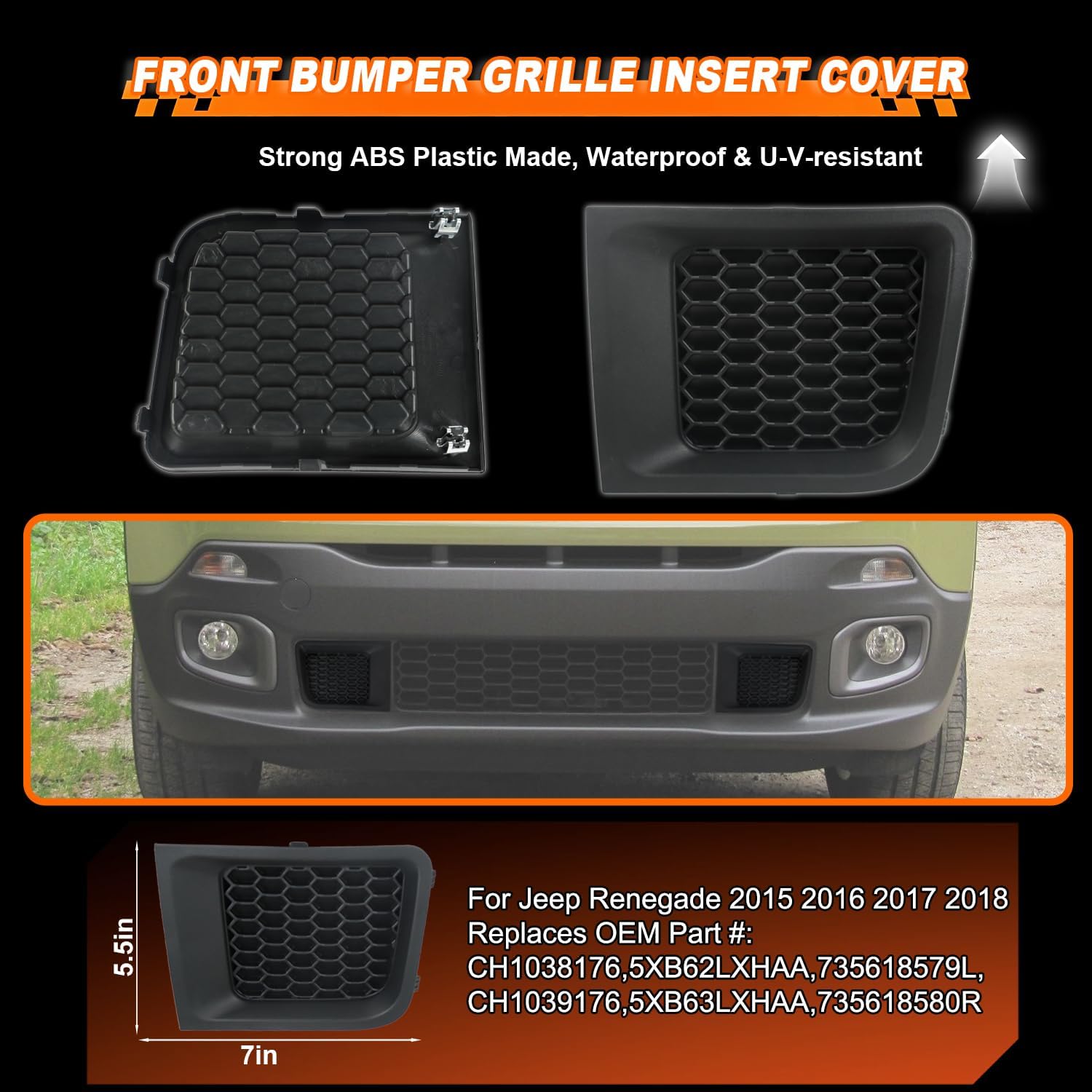 1Pair Front Bumper Grille Insert Cover for Jeep Renegade 2015-2018 Sport Latitude Trailhawk Limited, (LH+RH) Black Front Grille Insert Bezel, Replaces CH1038176 CH1039176 5XB62LXHAA